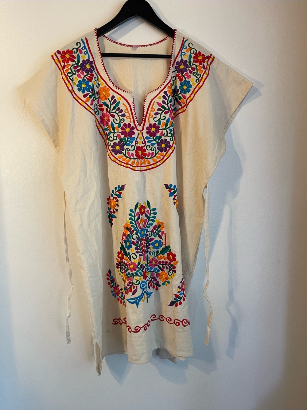 Vintage Mexican Embroidered Floral Cream Tunic Kaftan Dress L